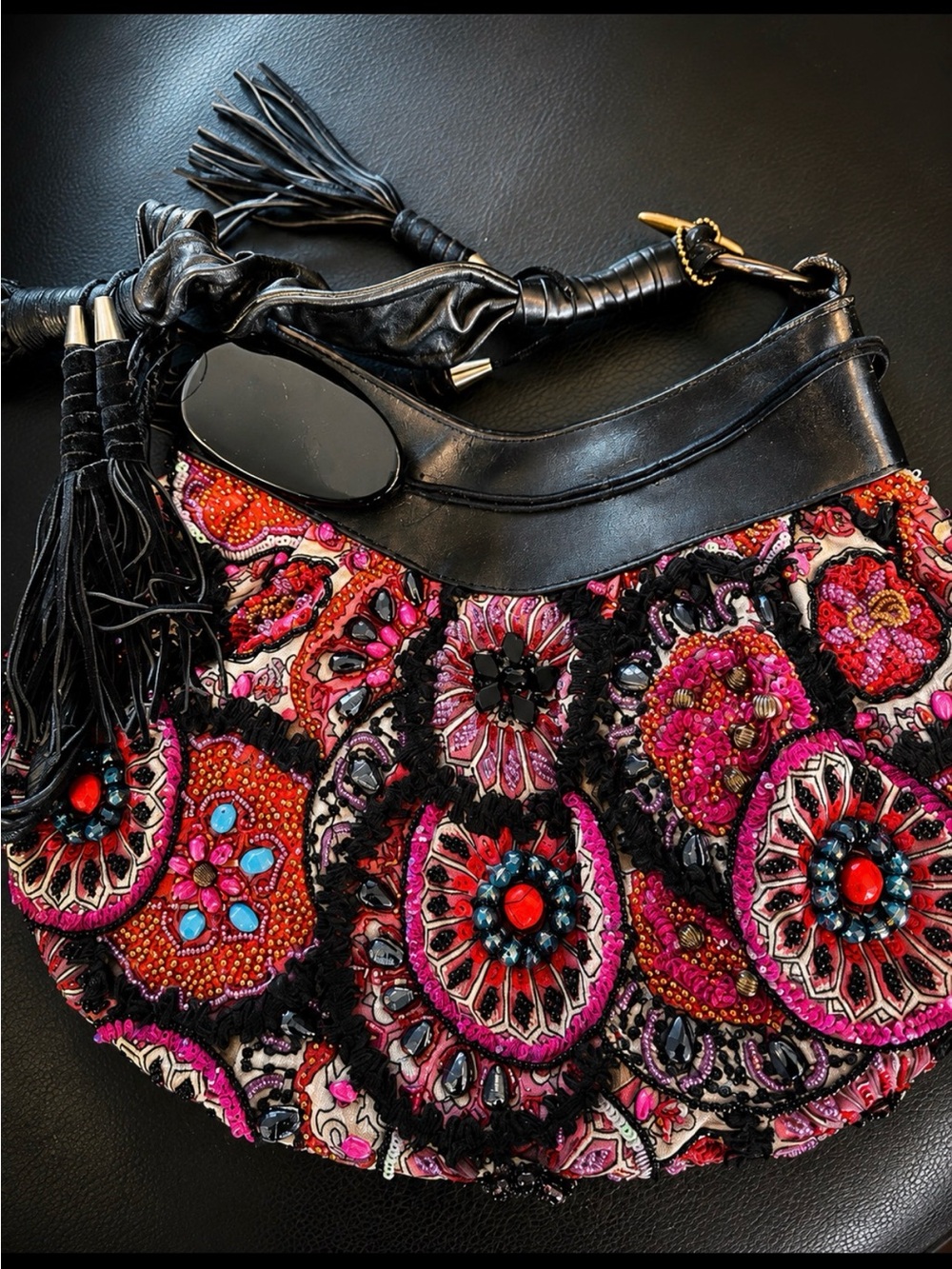 Mary Frances Black beaded Bag with Pink and Red Beadwork.
